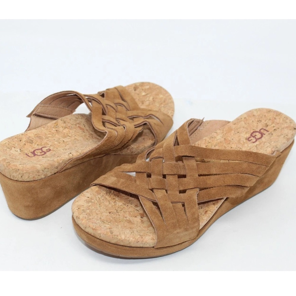 UGG Lilah Chestnut Wedge Brown Suede Cork Strappy Women’s Sandals Size 7